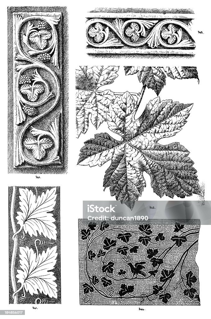 Ornamental art deisgn elements Vintage engraving from 1875 of ornamental art design elements. Number 340 and 342 carving from a Byzantine Casket. Number 341  Early Italian surface decoration. Number 342. Number 343 Foliage of the Vine. Number 344 Roman Marble Mosaic. Byzantine stock illustration