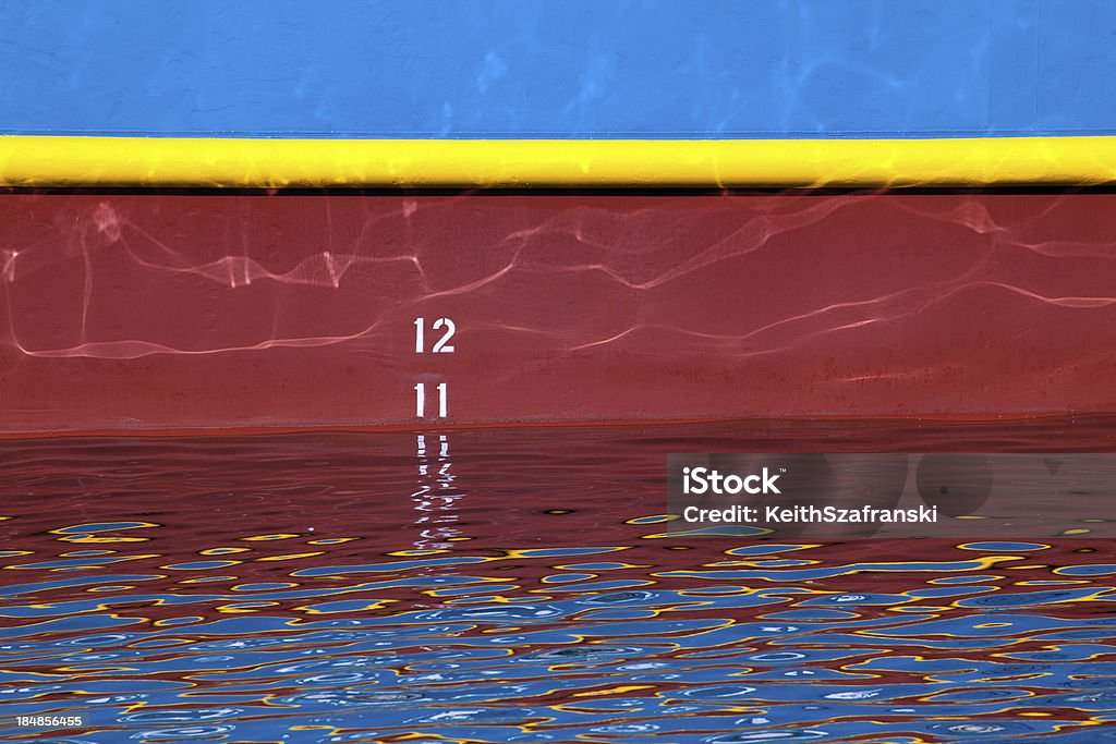 Ship's Depth Close-up of colorful ship's hull showing depth markers. WA. Blue Stock Photo