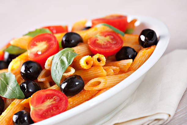Pasta with tomato sauce and olives