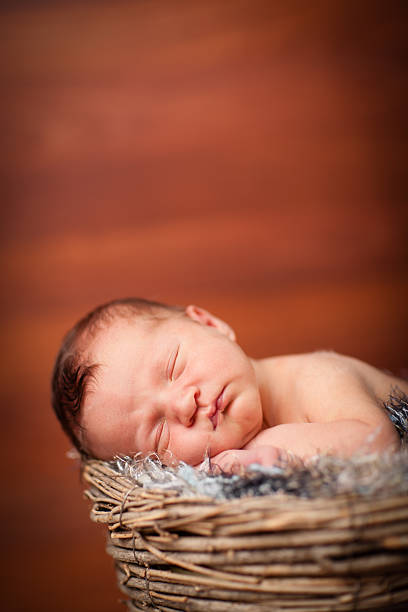 istock Newborn Baby Boy Sleeping Peacefully in Basket, With Copy Space 184857976
