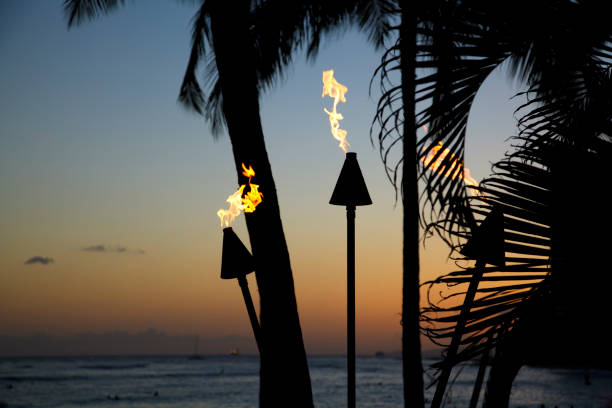 istock Tiki torch flames at dusk, Oahu, Hawaii 184858344
