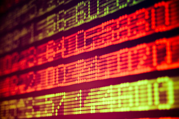 Stock data blurring across a board Electronic stock data board. ticker tape machine stock pictures, royalty-free photos & images