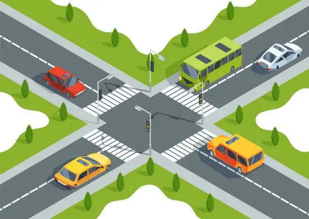 Vector illustration of City crossroad isometric view with road markings, traffic lights pedestrian zebra crossing and cars. Urban traffic map with transport, vector graphic design elements