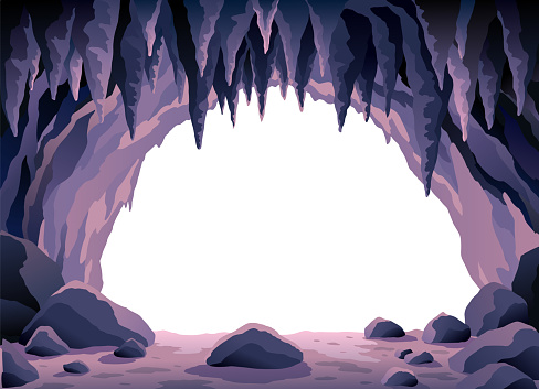 Cave landscape. Stone cave entrance with empty white space inside. Prehistoric dungeon entrance, rock cavern game illustration. Vector image of tunnel in mountain or mine in rocks.