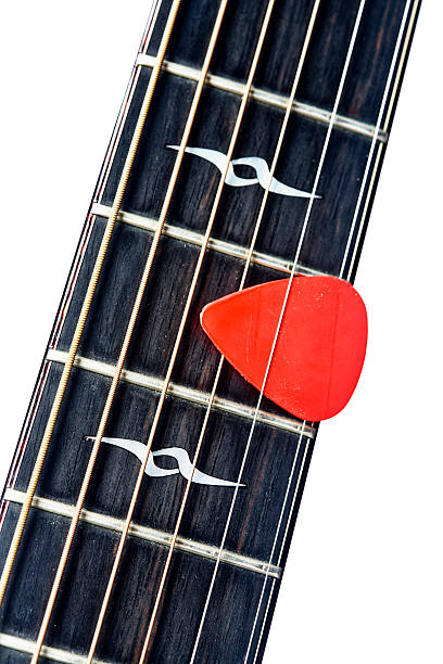istock Red pick tucked between strings of high-end acoustic guitar 184858615