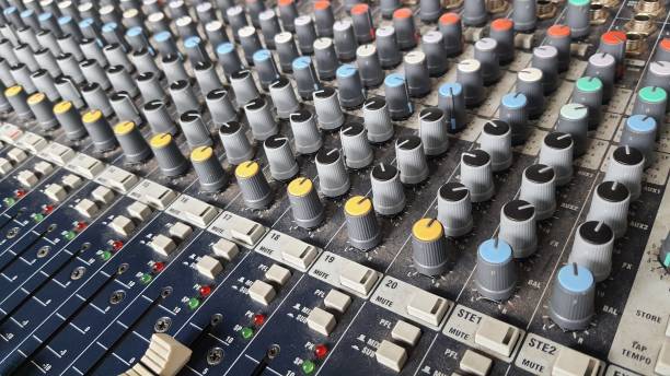 istock Professional audio mixing console with lights, buttons, faders and sliders for backstage control. 1848587642