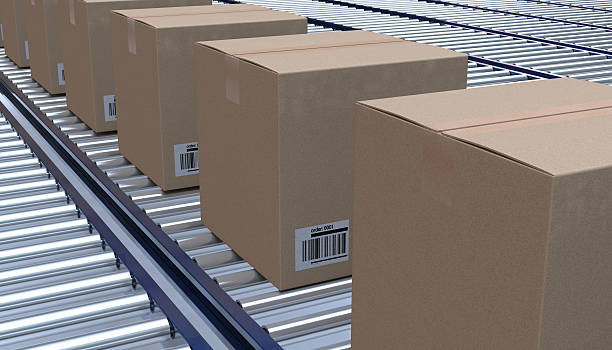 Brown cardboard boxes lined up on a conveyor belt stock photo
