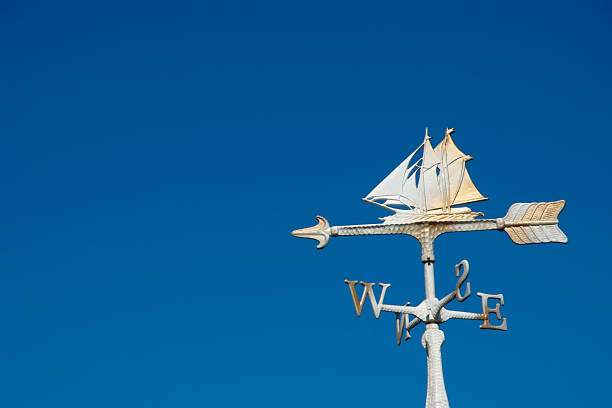 Low angle view of sailboat wind vane against clear sky with copy space.