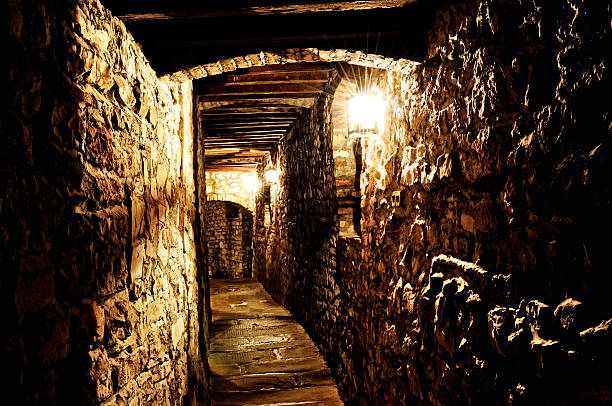 corredor do antigo castelo de toscana - basement spooky cellar door - fotografias e filmes do acervo