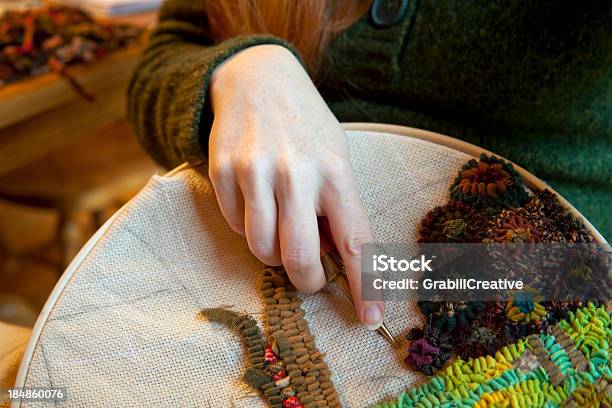 Woman Rug Hooking Stock Photo - Download Image Now - Old-fashioned, Rug, Adult