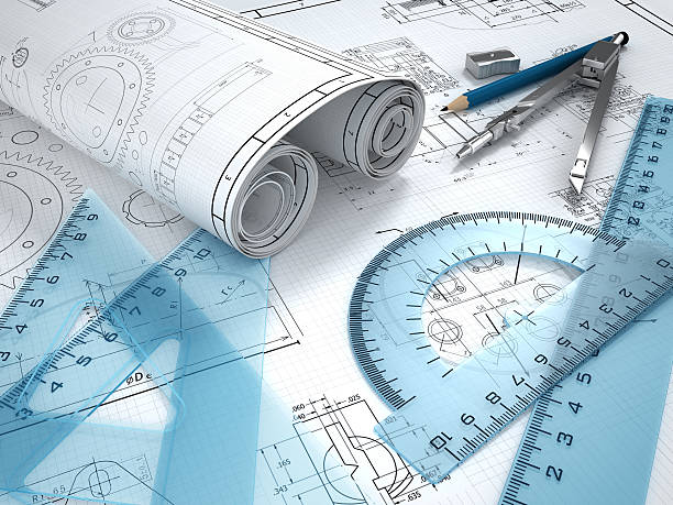ingénierie mécanique - drawing compass blueprint architecture plan photos et images de collection