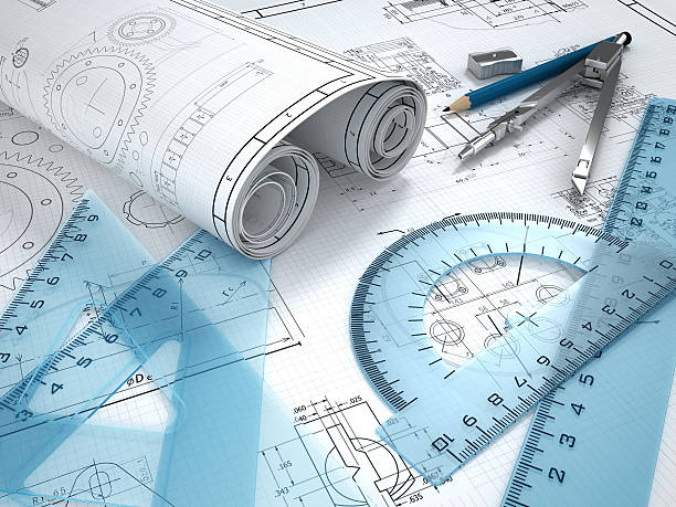 Mechanical engineering "Blueprints, ruler set and divider. Mechanical engineering concept.Similar images:" blueprint industry work tool planning stock pictures, royalty-free photos & images