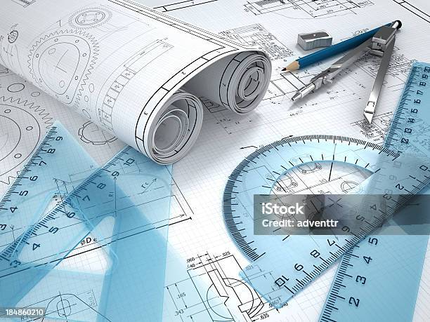 Foto de Engenharia Mecânica e mais fotos de stock de Plano - Documento - Plano - Documento, Machinery, Ferramenta de trabalho