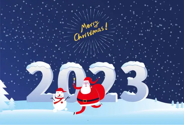 Vector illustration of Santa Claus and Snowman greet 2023