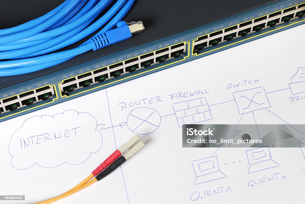 engineer workplace Engineer is planning and building up a computer network.computer and computer network Fiber Optic Stock Photo