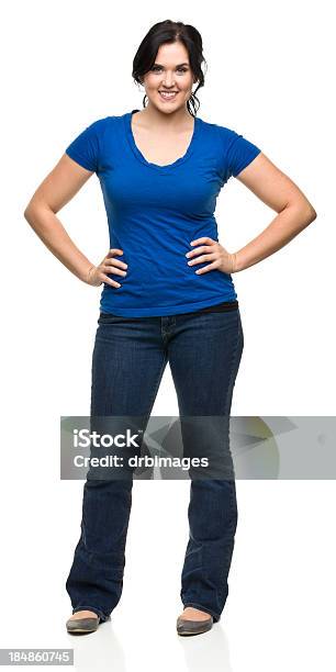 Cheerful Young Woman Standing Portrait Stock Photo - Download Image Now - Full Length, Women, Blue