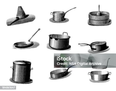 istock Collection of Vintage Cookware, Pans and Kitchen Utensil Illustrations 184861647