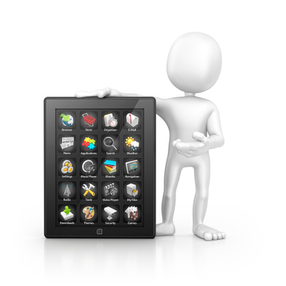 isolated white character and black tablet.3d render.