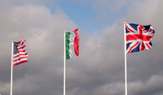 United Kingdom flag highlighted in the blue sky.