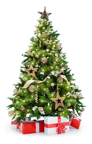 christmas tree with lights and gifts isolated on white - kerstboom stockfoto's en -beelden