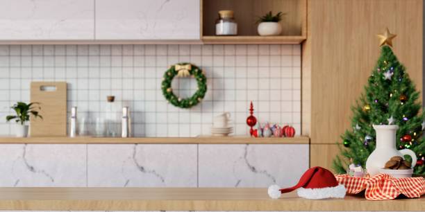 istock Christmas kitchen room with a christmas tree and Christmas decorations - modern classic style, 3D render 1848630294