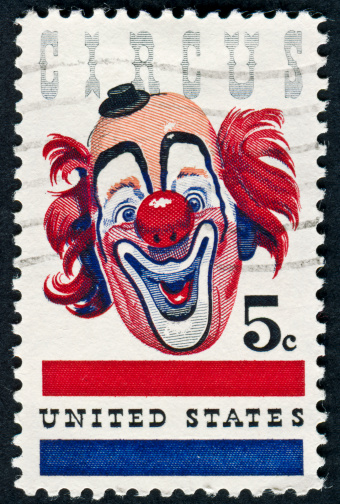 Cancelled Stamp From The United States Featuring A Clown From The Circus