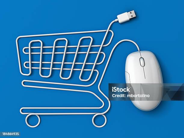 Computer Mouse Shopping Cart Blue Stock Photo - Download Image Now - Colored Background, Shopping Cart, Online Shopping