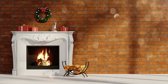 Merry christmas and happy new year. Christmas decoration living room. Festive cosy holiday background. 3D Rendering. 3D Illustration.