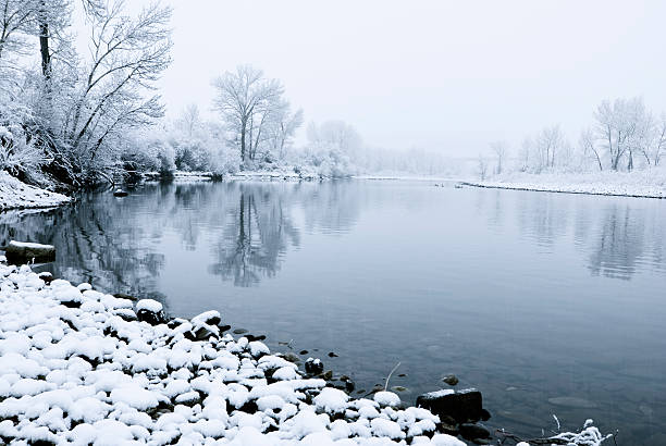 inverno lungo fiume boise - boise river foto e immagini stock
