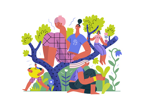 Greenery, ecology -modern flat vector concept illustration of people on a tree, surrounded by plants. Metaphor of environmental sustainability and protection, closeness to nature