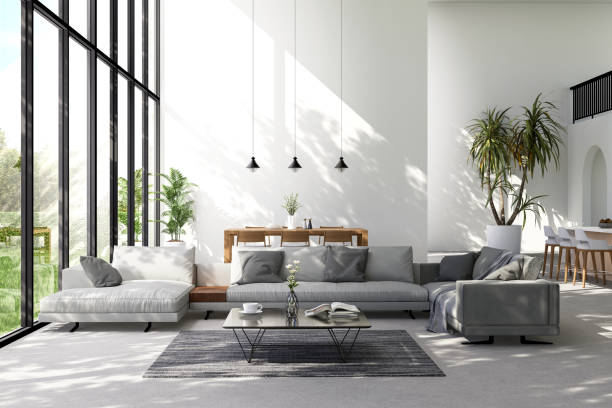 istock Modern loft style living and dining room with garden view 3d render 1848657804