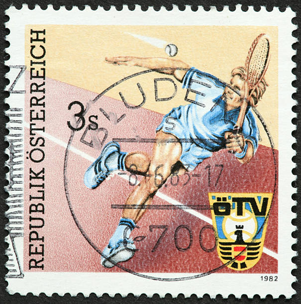 istock tennis player on old Austrian postage stamp 184865789