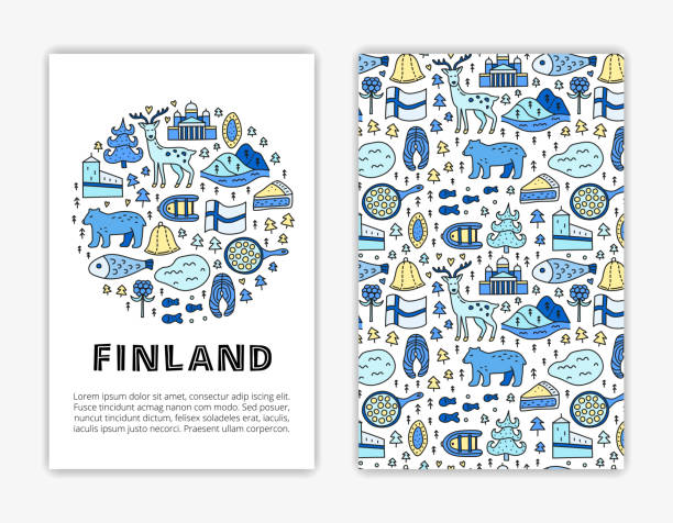 kartenvorlagen mit doodle-farbigen finnland-symbolen. - helsinki stock-grafiken, -clipart, -cartoons und -symbole