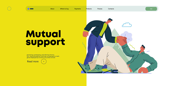 Mutual Support: Helping a fallen person get up -modern flat vector concept illustration of man assisting another man to stand up A metaphor of voluntary, collaborative exchanges of resource, services