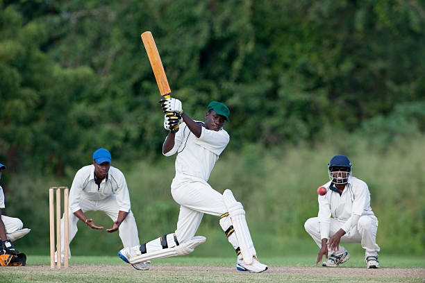 Cricket "Cricket action, batsman playing a shot, watched by fielders and the wicketkeeper." cricket player photos stock pictures, royalty-free photos & images