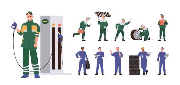 Vector illustration of Auto service worker set with male cartoon character repairing, replacing or making diagnostics