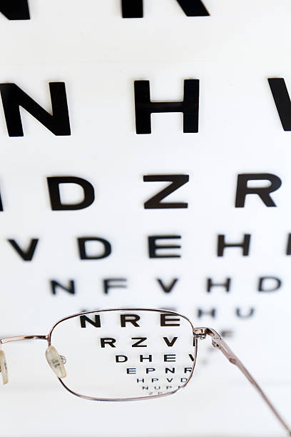 istock Eyesight chart and glasses showing clear vision at opticians 184868122