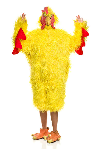 person in chicken suit with arms up - tavuk kostümü stok fotoğraflar ve resimler