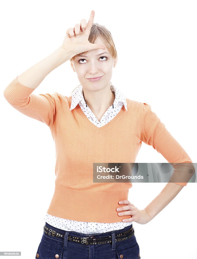 Joven mujer mostrando L señal con su mano para looser - Foto de stock de Derrota libre de derechos