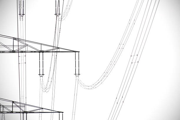 large power pylons with electricity line for high voltage transport