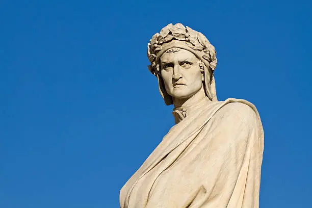 "Dante Alighieri was one of the most important writers and poets of his time and contributed to the birth of the Italian language. His statue is located in Piazza Santa Croce in Florence, Italy"