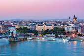 Aerial View of Budapest, Hungary at Dusk (Sunset).