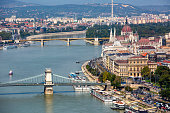 Aerial view of Budapest, Hungary with the Széchenyi Chain Bridge and Hungarian Parliament Building.