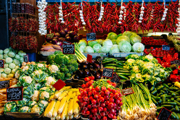 istock Colorful vegetable market stall with price tags. 1848706365