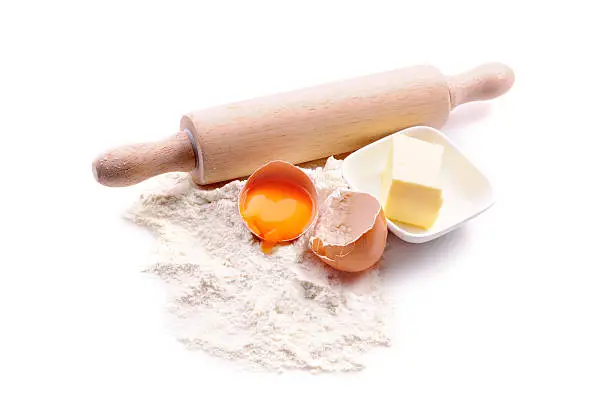 Baking ingredients on white