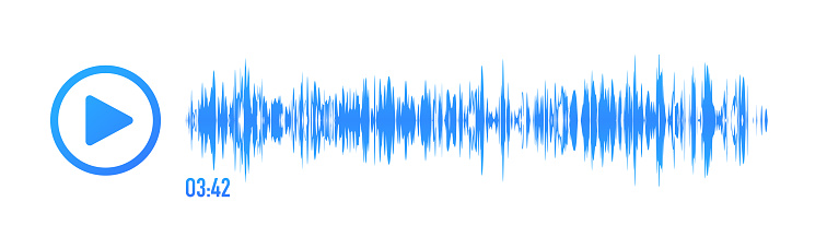 Music player soundbar. Audio speech spectrum noise with play button. Mobile messenger app chat. Sound wave of voice. Record interface. Equalizer icon with soundwave line. Vector illustration