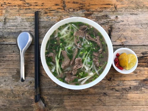Vietnam Pho noodle soup with beef and vegetables