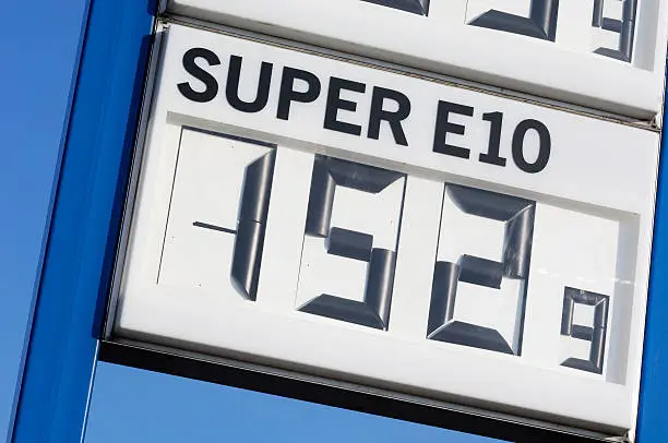 European fuel price sign, E10 super fuel.