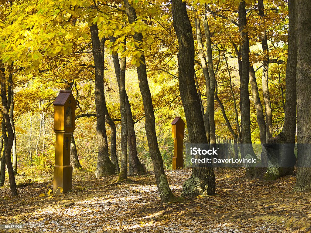 Christ Cross path "Little Chapels in the forest path representing  the Christ Cross path from appeal, crucifixtion and   rose from the dead. Stari Slatinik, Slavonia, Croatia" Balkans Stock Photo