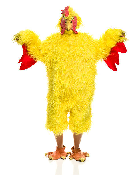 person in chicken suit with arms out - tavuk kostümü stok fotoğraflar ve resimler